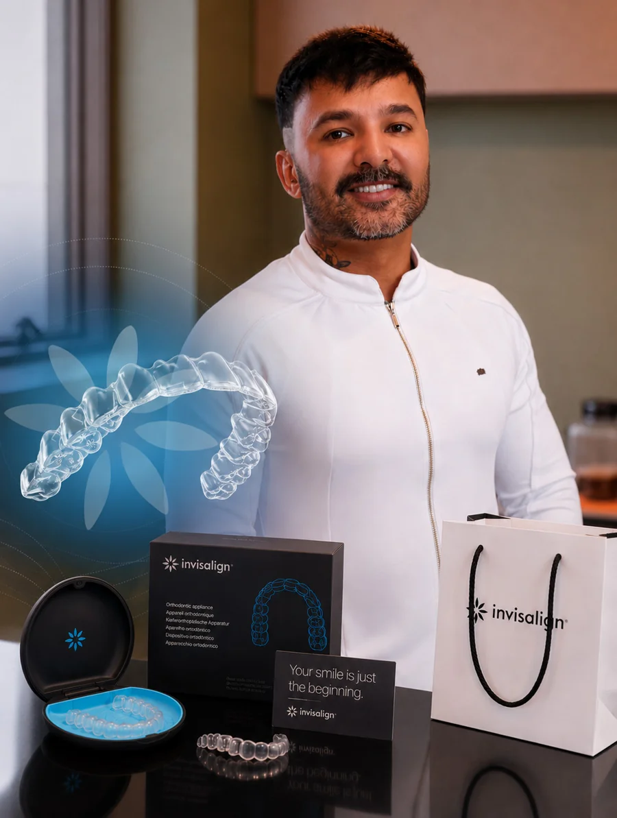 Dr. Saulo Lima com kit Invisalign — ortodontista especialista em alinhadores transparentes em São José dos Campos